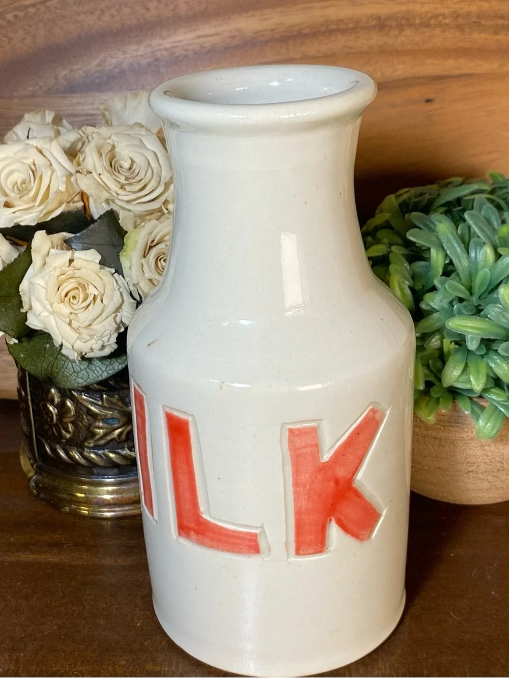 Handmade Studio Pottery Milk Bottle Vase Signed TB '13 Farmhouse Decor